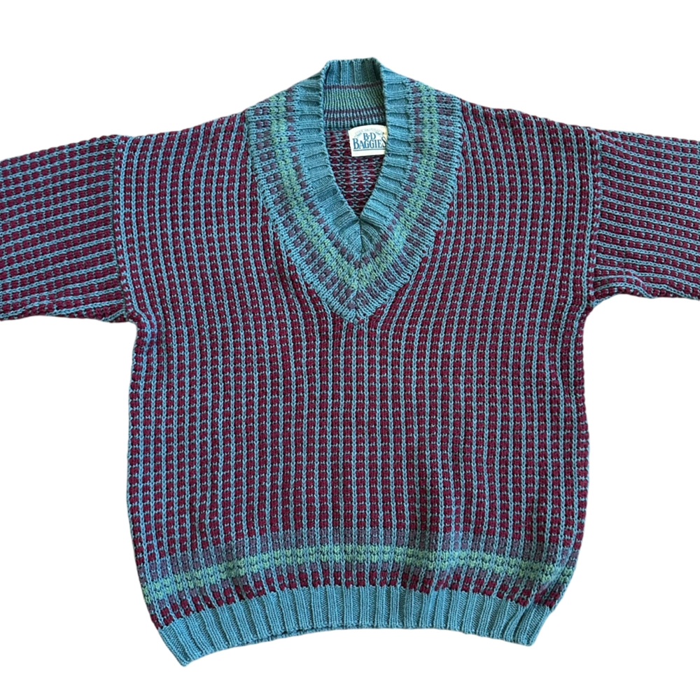 Vintage 90s Red Blue & Green Chunky Knit Linen Blend V Neck Sweater Size Medium - Picture 2 of 8
